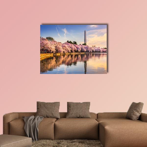 USA At Tidal Basin With Washington Monument Canvas Wall Art-5 Horizontal-Gallery Wrap-22" x 12"-Tiaracle