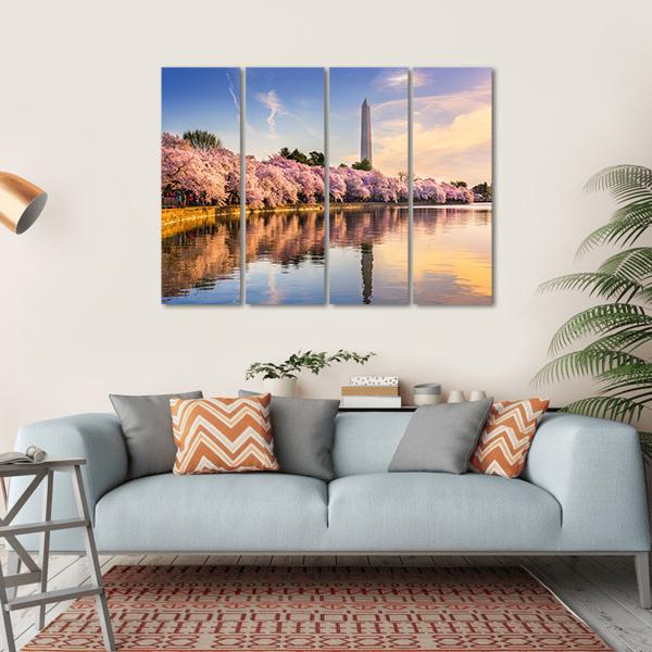 USA At Tidal Basin With Washington Monument Canvas Wall Art-4 Horizontal-Gallery Wrap-34" x 24"-Tiaracle