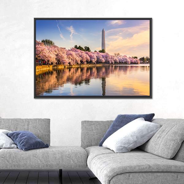 USA At Tidal Basin With Washington Monument Canvas Wall Art-3 Horizontal-Gallery Wrap-25" x 16"-Tiaracle