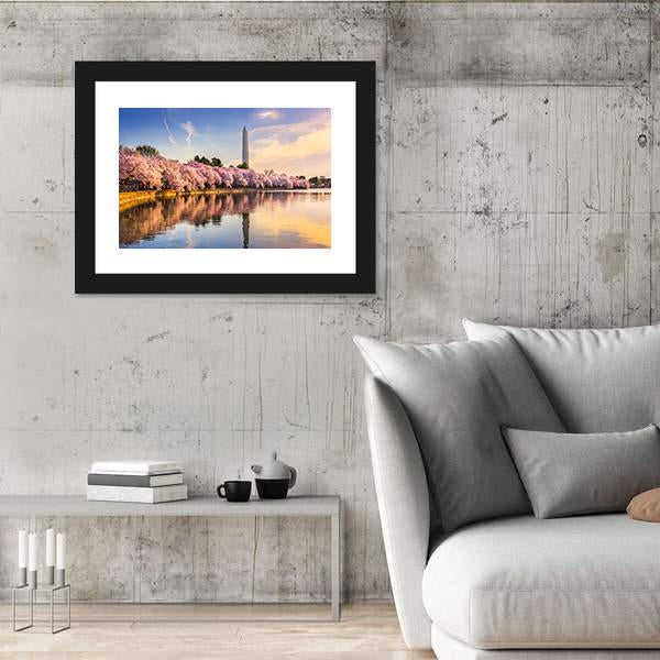USA At Tidal Basin With Washington Monument Canvas Wall Art-3 Horizontal-Gallery Wrap-25" x 16"-Tiaracle