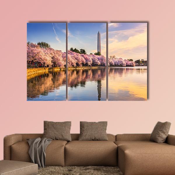 USA At Tidal Basin With Washington Monument Canvas Wall Art-3 Horizontal-Gallery Wrap-37" x 24"-Tiaracle