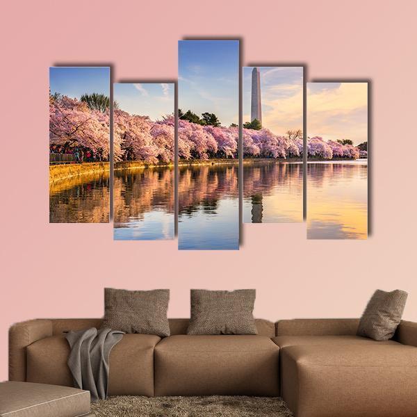 USA At Tidal Basin With Washington Monument Canvas Wall Art-5 Pop-Gallery Wrap-47" x 32"-Tiaracle