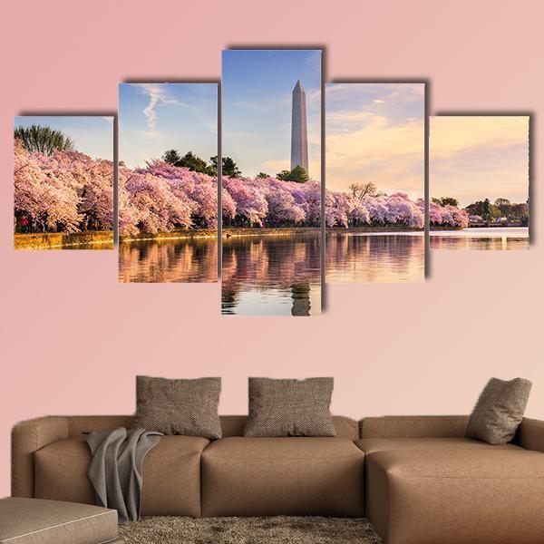USA At Tidal Basin With Washington Monument Canvas Wall Art-5 Star-Gallery Wrap-62" x 32"-Tiaracle