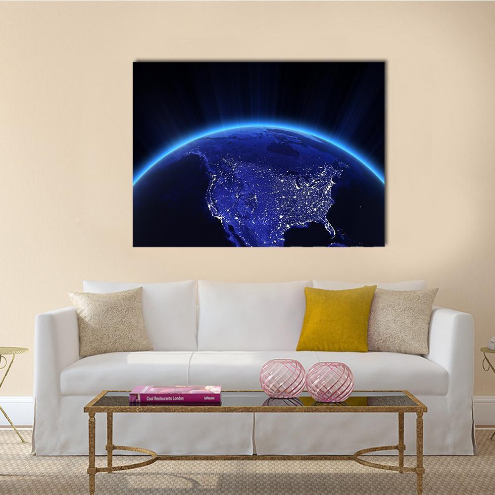 Usa City Lights at Night Canvas Wall Art in black and blue, single panel hung on a wall