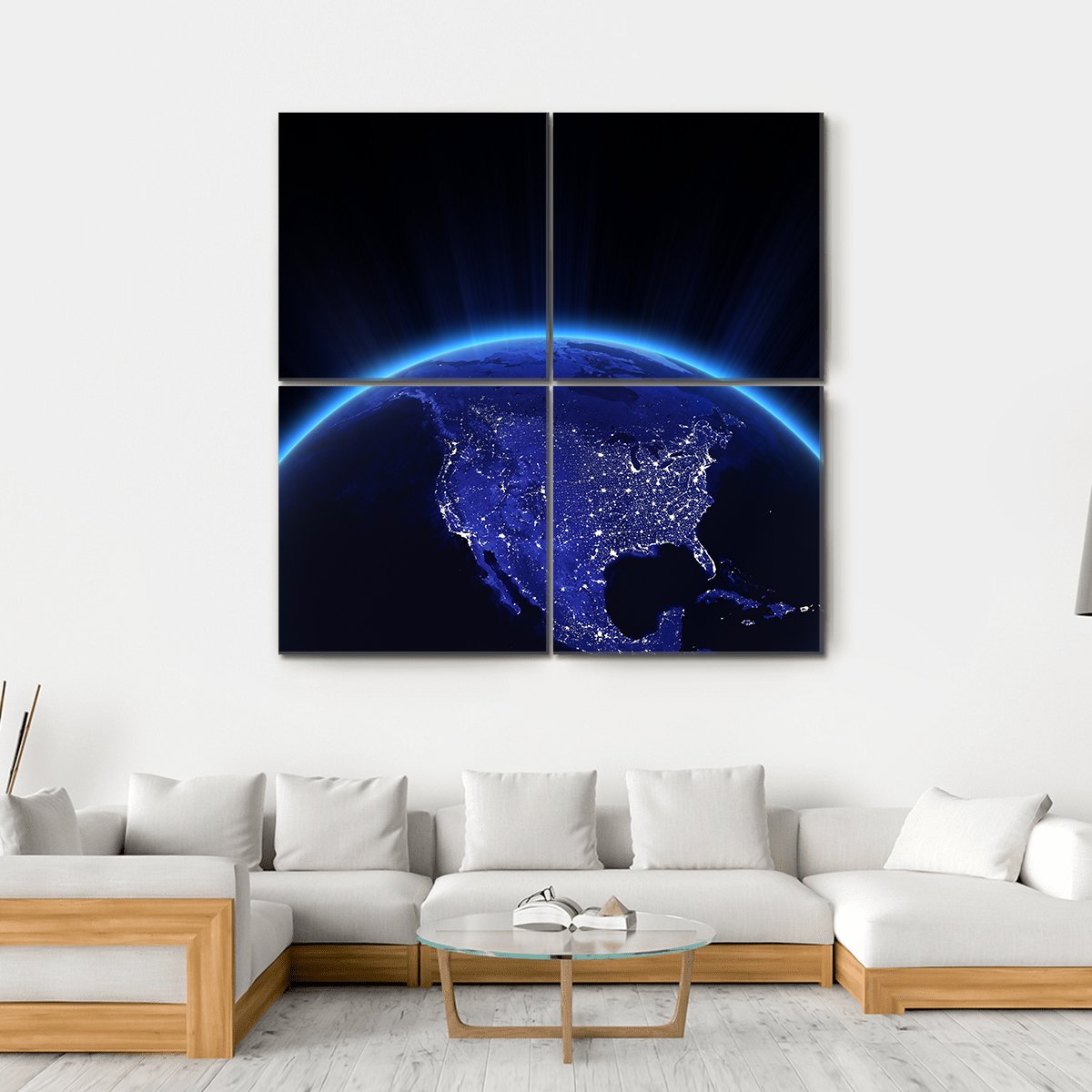 USA City Lights At Night Canvas Wall Art-4 Square-Gallery Wrap-17" x 17"-Tiaracle