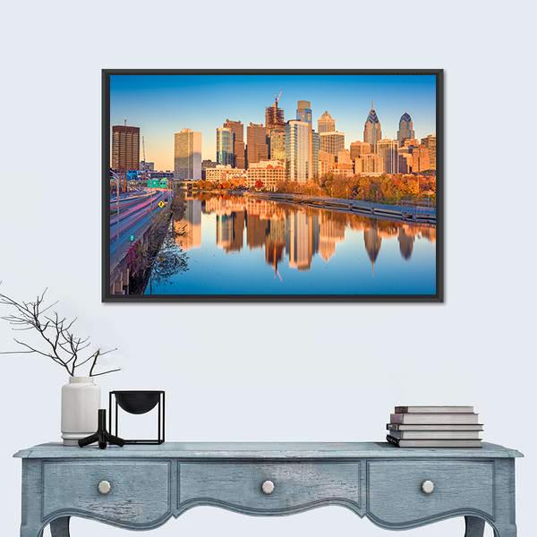 USA Downtown City Skyline On Schuylkill River Canvas Wall Art-1 Piece-Floating Frame-24" x 16"-Tiaracle