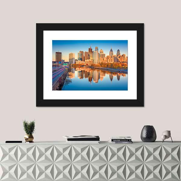 USA Downtown City Skyline On Schuylkill River Canvas Wall Art-1 Piece-Framed Print-20" x 16"-Tiaracle