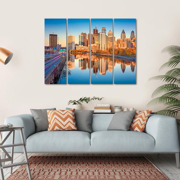 USA Downtown City Skyline On Schuylkill River Canvas Wall Art-4 Horizontal-Gallery Wrap-34" x 24"-Tiaracle