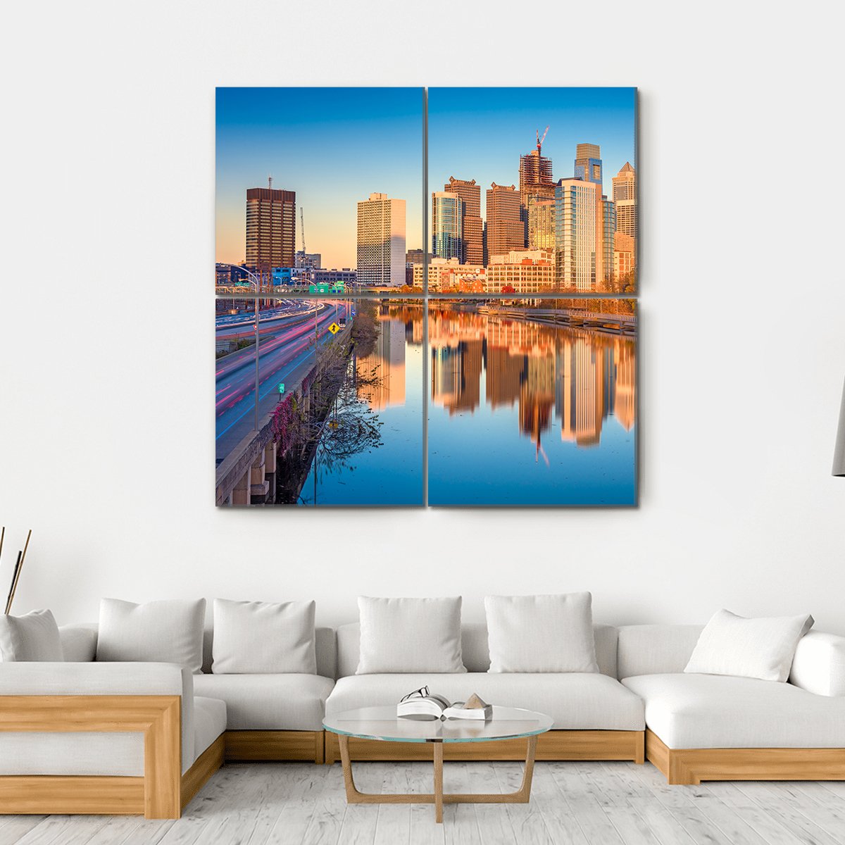 USA Downtown City Skyline On Schuylkill River Canvas Wall Art-4 Square-Gallery Wrap-17" x 17"-Tiaracle