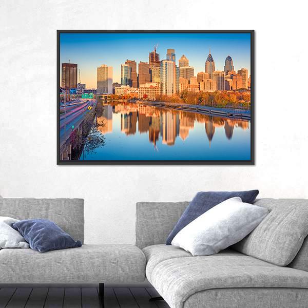 USA Downtown City Skyline On Schuylkill River Canvas Wall Art-3 Horizontal-Gallery Wrap-25" x 16"-Tiaracle