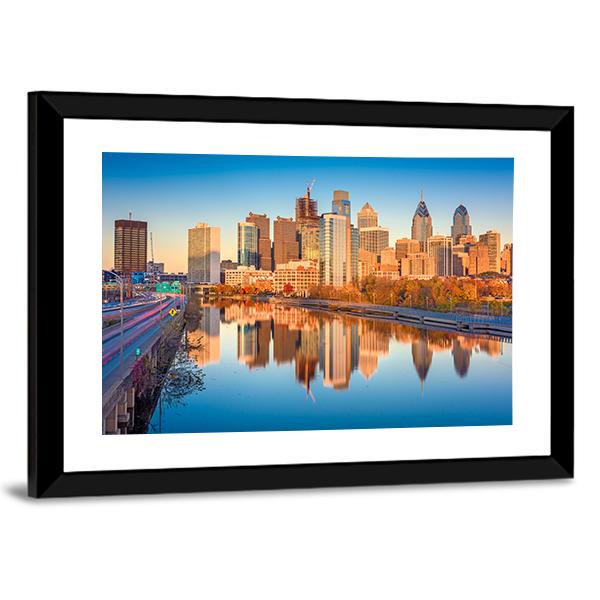 USA Downtown City Skyline On Schuylkill River Canvas Wall Art-3 Horizontal-Gallery Wrap-25" x 16"-Tiaracle