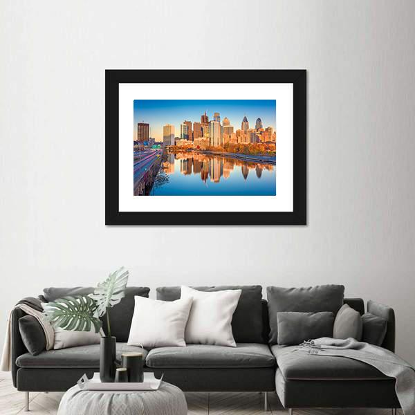 USA Downtown City Skyline On Schuylkill River Canvas Wall Art-3 Horizontal-Gallery Wrap-25" x 16"-Tiaracle