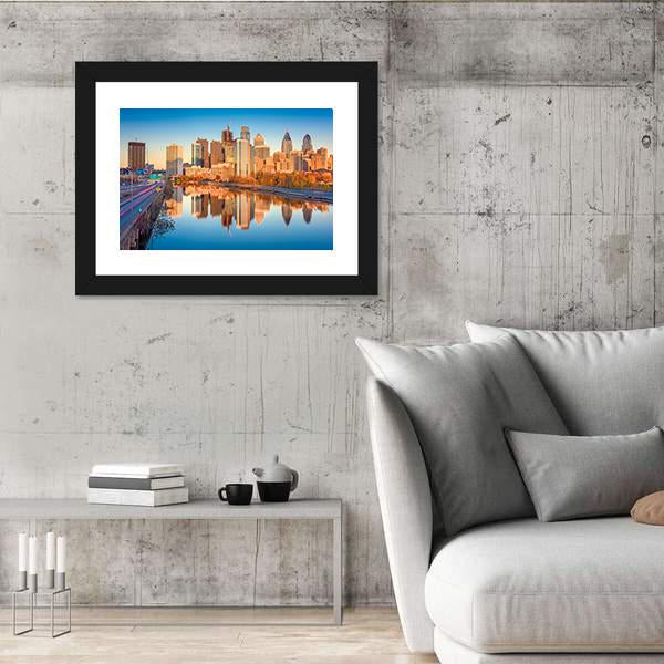 USA Downtown City Skyline On Schuylkill River Canvas Wall Art-3 Horizontal-Gallery Wrap-25" x 16"-Tiaracle