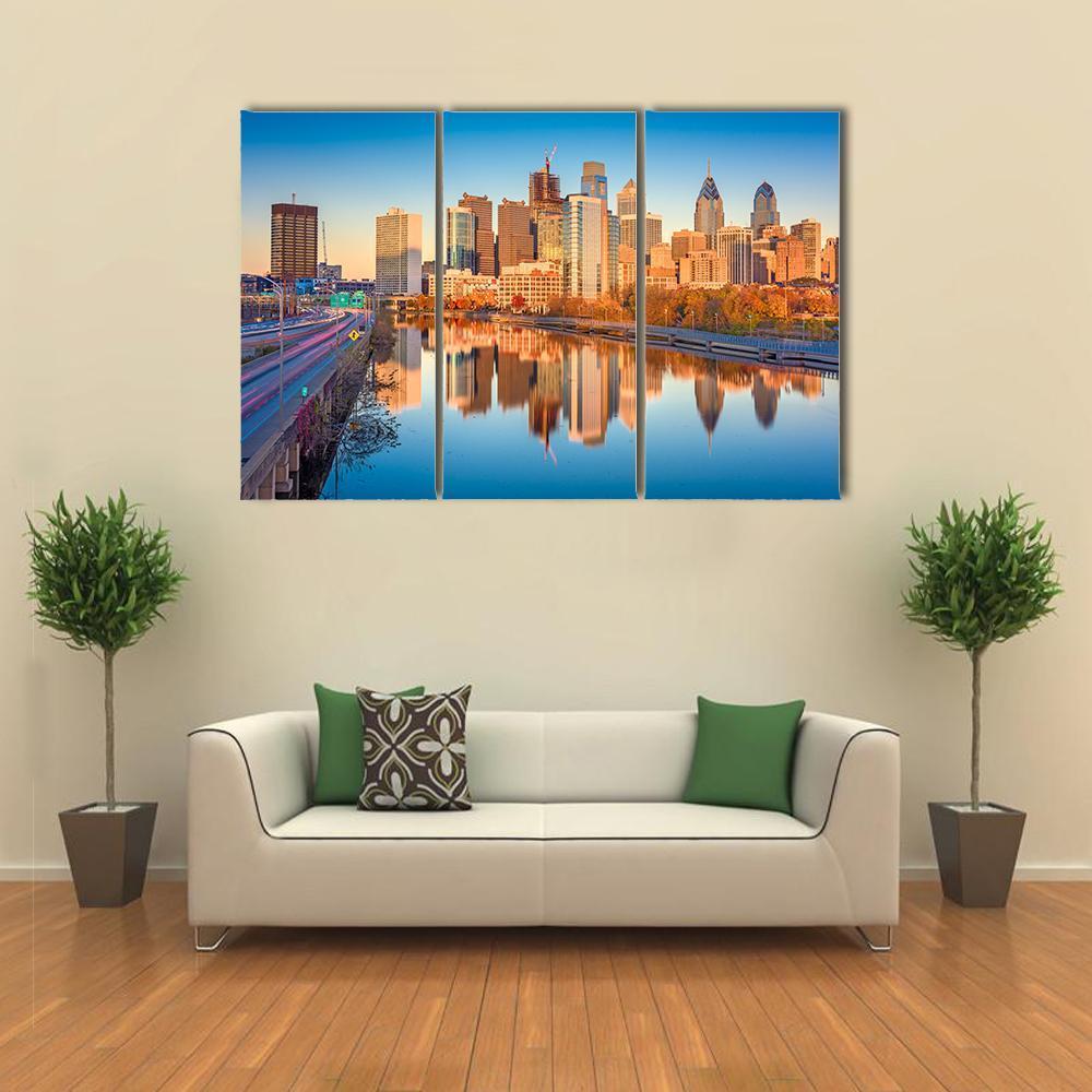 USA Downtown City Skyline On Schuylkill River Canvas Wall Art-3 Horizontal-Gallery Wrap-37" x 24"-Tiaracle