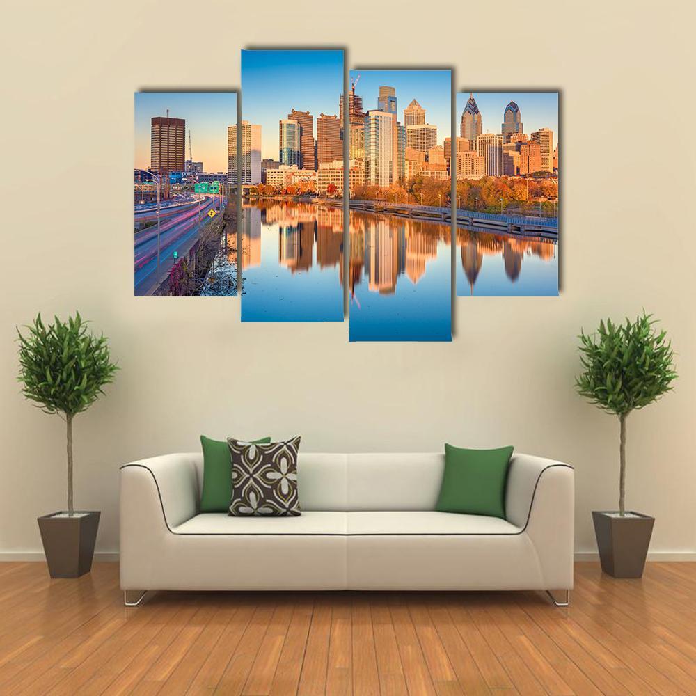 USA Downtown City Skyline On Schuylkill River Canvas Wall Art-4 Pop-Gallery Wrap-50" x 32"-Tiaracle