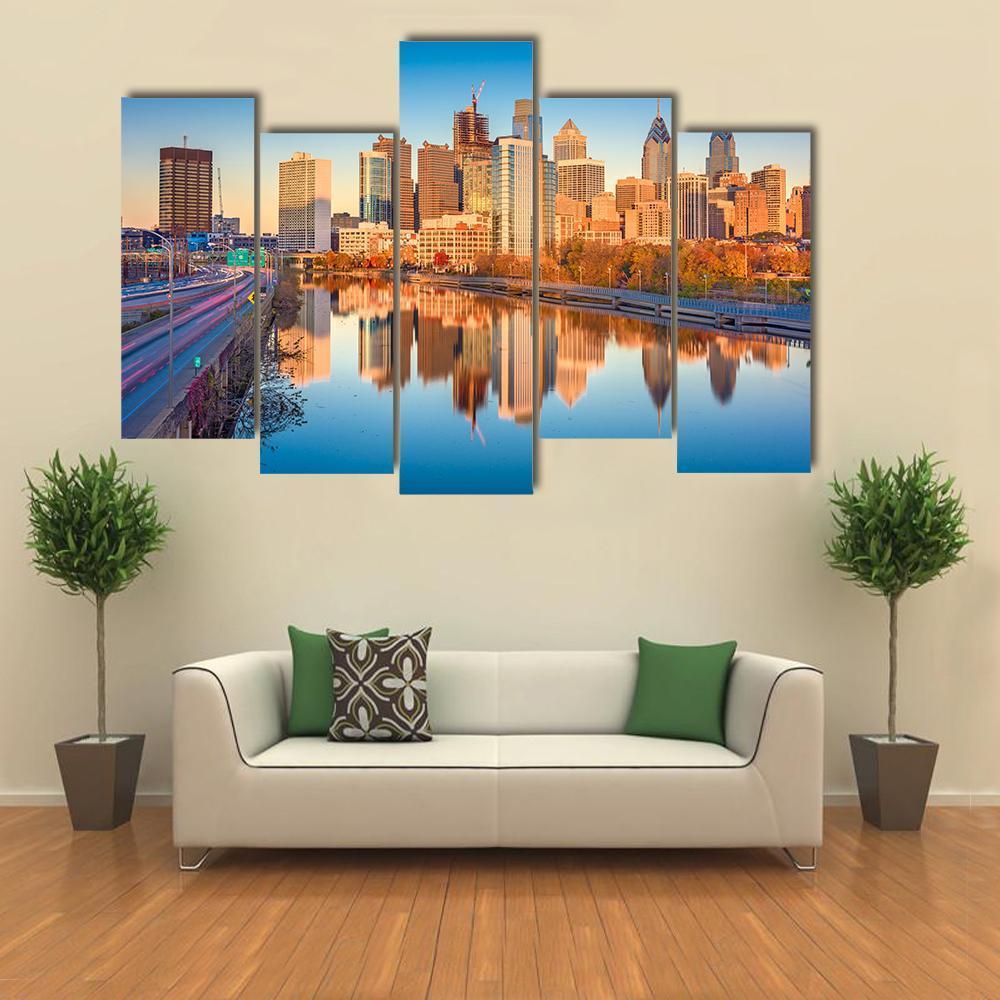 USA Downtown City Skyline On Schuylkill River Canvas Wall Art-5 Pop-Gallery Wrap-47" x 32"-Tiaracle