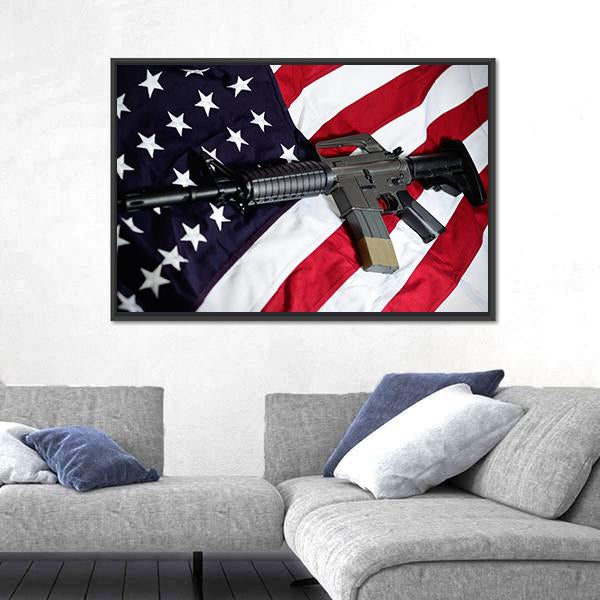 USA Flag With Rifle Panoramic Canvas Wall Art-1 Piece-36" x 12"-Tiaracle