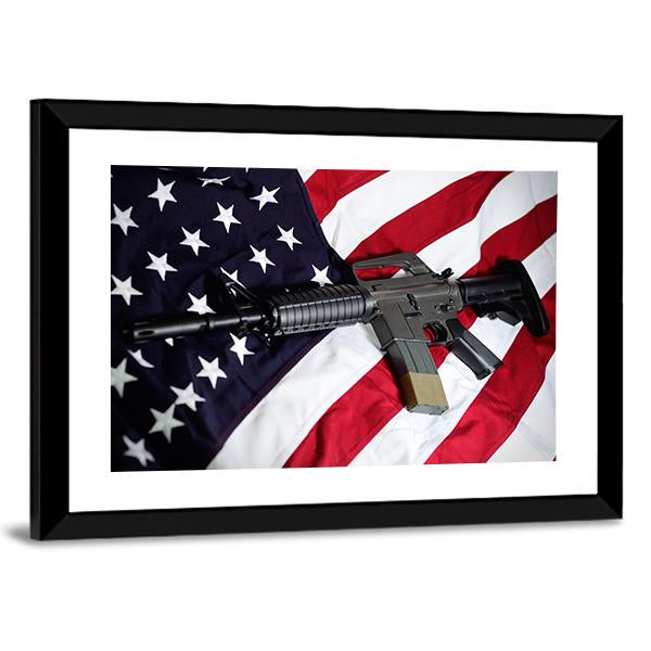 USA Flag With Rifle Panoramic Canvas Wall Art-1 Piece-36" x 12"-Tiaracle