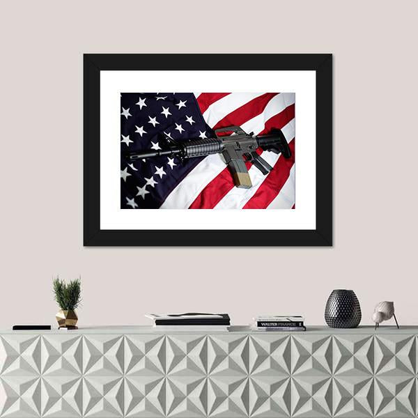 USA Flag With Rifle Panoramic Canvas Wall Art-1 Piece-36" x 12"-Tiaracle