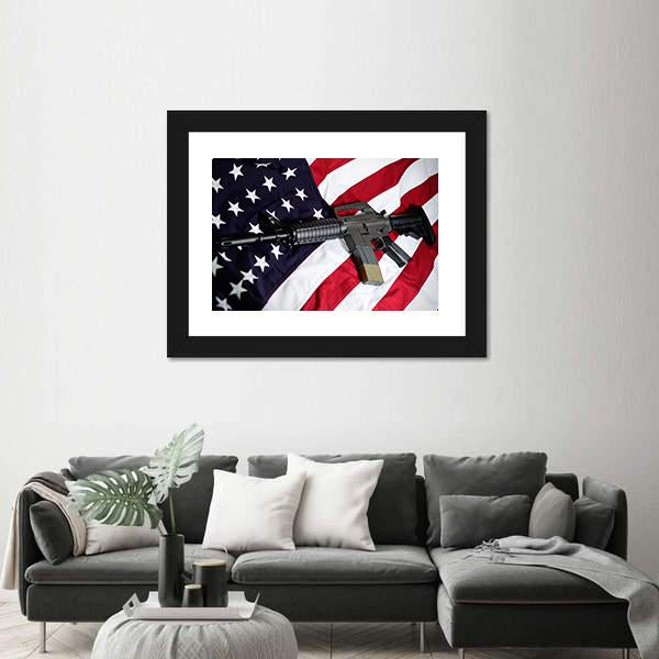 USA Flag With Rifle Panoramic Canvas Wall Art-1 Piece-36" x 12"-Tiaracle