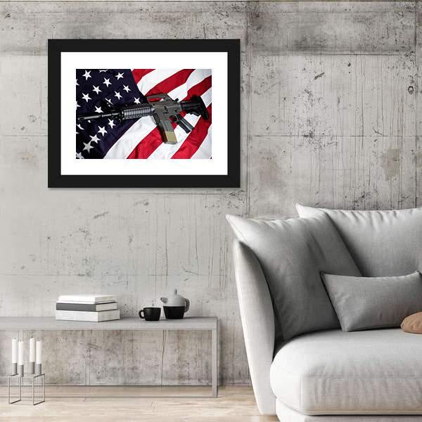 USA Flag With Rifle Panoramic Canvas Wall Art-1 Piece-36" x 12"-Tiaracle