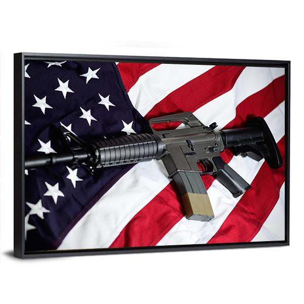 USA Flag With Rifle Panoramic Canvas Wall Art-1 Piece-36" x 12"-Tiaracle