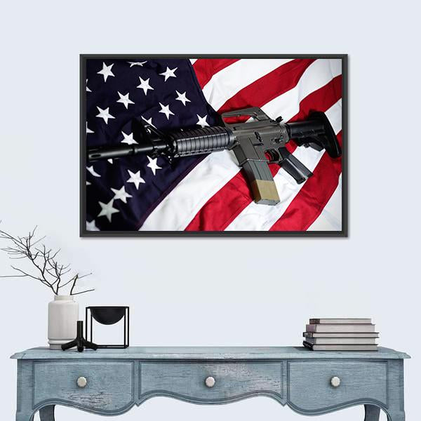 USA Flag With Rifle Panoramic Canvas Wall Art-1 Piece-36" x 12"-Tiaracle