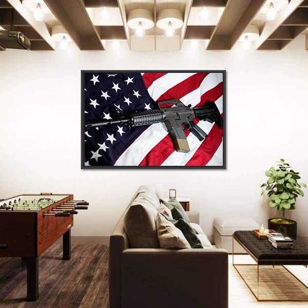 USA Flag With Rifle Panoramic Canvas Wall Art-1 Piece-36" x 12"-Tiaracle