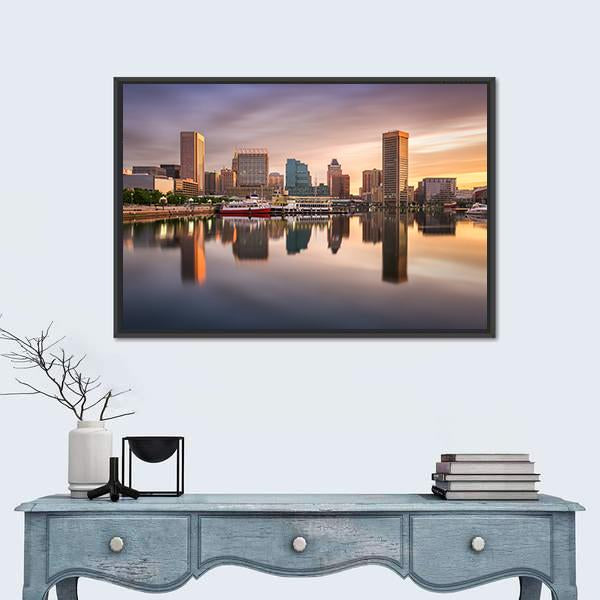 Usa Skyline at the Inner Harbor Canvas Wall Art in gray, orange and blue, framed canvas, product view on a white background