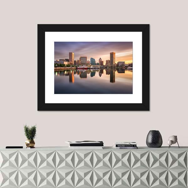USA Skyline At The Inner Harbor Canvas Wall Art-1 Piece-Framed Print-20" x 16"-Tiaracle