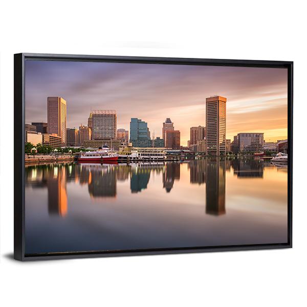USA Skyline At The Inner Harbor Canvas Wall Art-3 Horizontal-Gallery Wrap-25" x 16"-Tiaracle