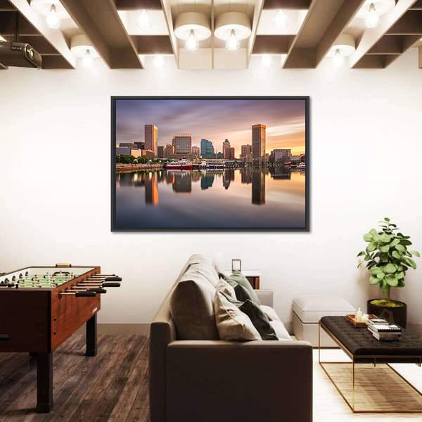 USA Skyline At The Inner Harbor Canvas Wall Art-3 Horizontal-Gallery Wrap-25" x 16"-Tiaracle