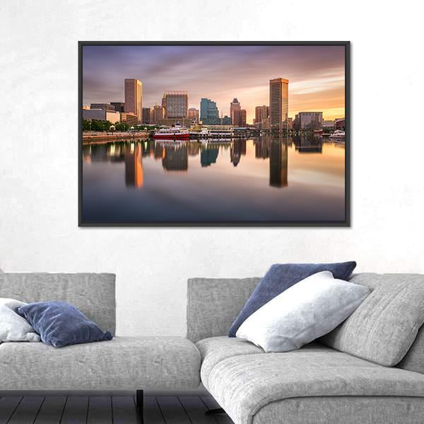 USA Skyline At The Inner Harbor Canvas Wall Art-3 Horizontal-Gallery Wrap-25" x 16"-Tiaracle