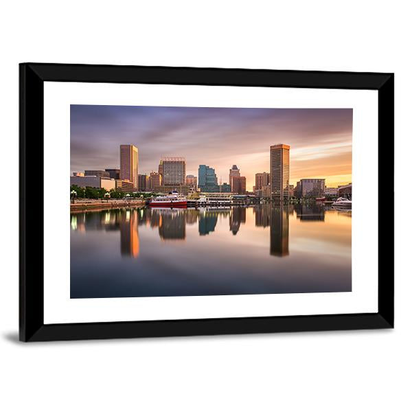 USA Skyline At The Inner Harbor Canvas Wall Art-3 Horizontal-Gallery Wrap-25" x 16"-Tiaracle