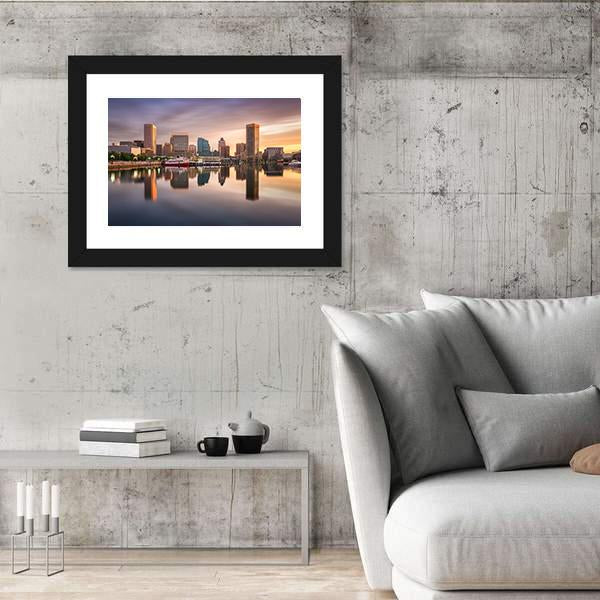 USA Skyline At The Inner Harbor Canvas Wall Art-3 Horizontal-Gallery Wrap-25" x 16"-Tiaracle