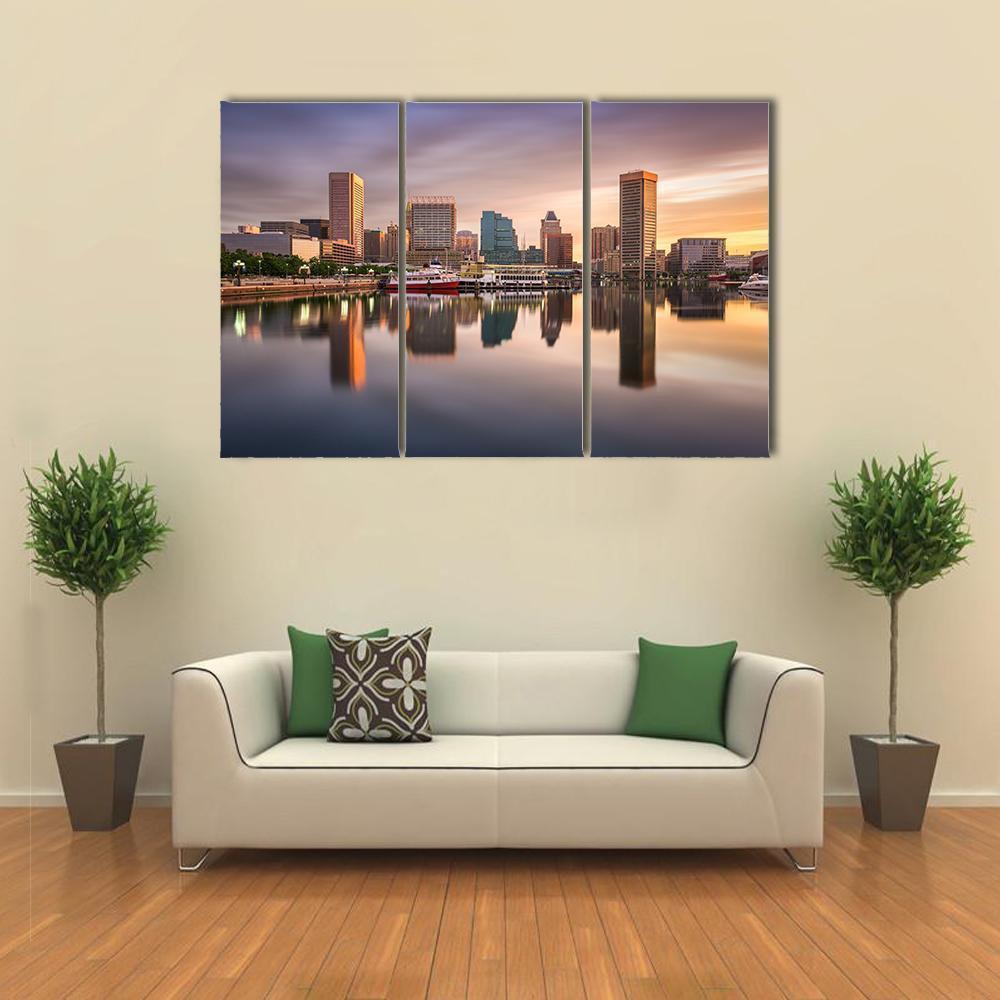 USA Skyline At The Inner Harbor Canvas Wall Art-3 Horizontal-Gallery Wrap-37" x 24"-Tiaracle