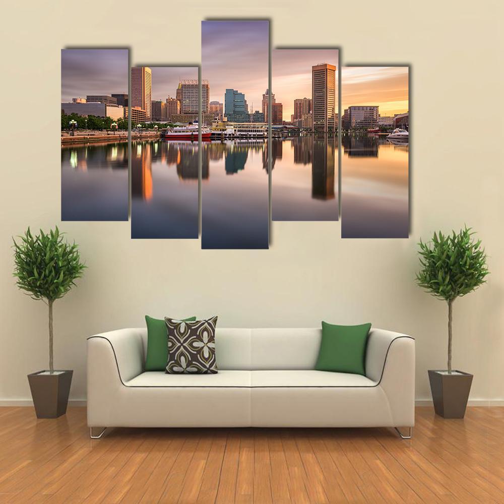USA Skyline At The Inner Harbor Canvas Wall Art-5 Pop-Gallery Wrap-47" x 32"-Tiaracle