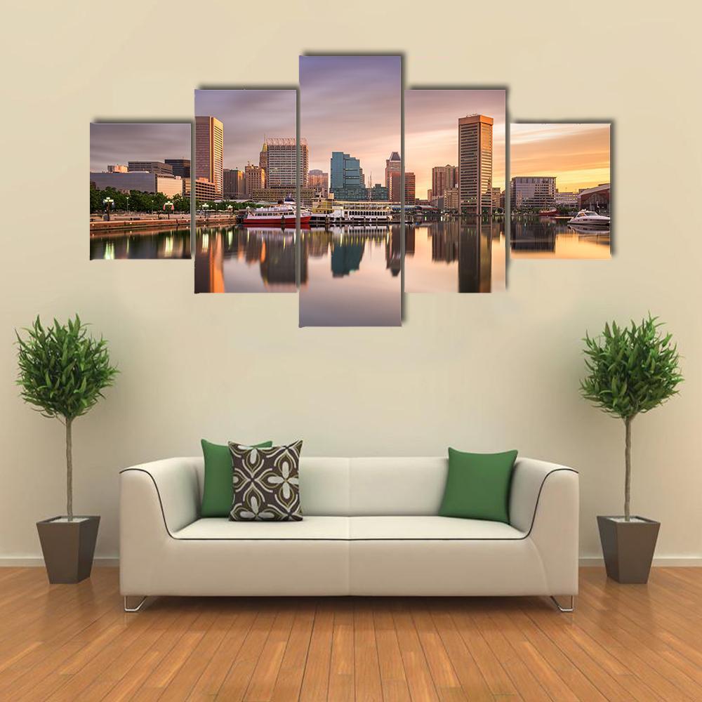 USA Skyline At The Inner Harbor Canvas Wall Art-5 Star-Gallery Wrap-62" x 32"-Tiaracle