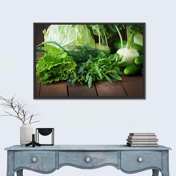 Useful Green Vegetables Canvas Wall Art in brown and green, framed canvas, product view on a white background