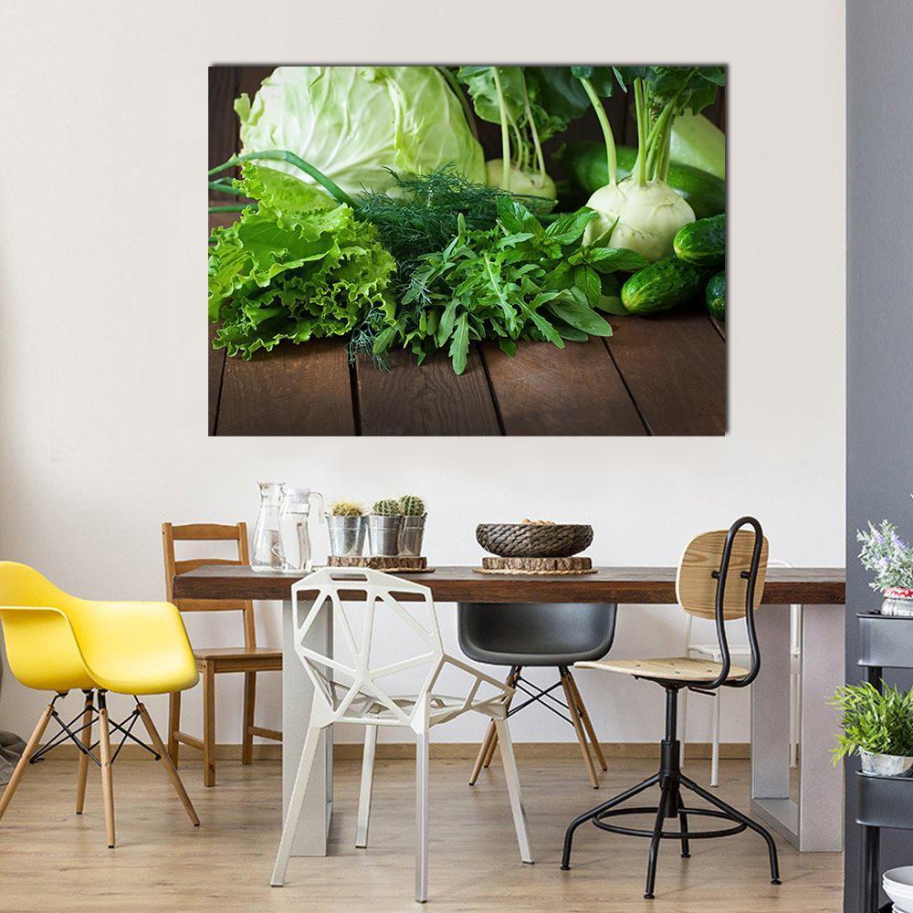 Useful Green Vegetables Canvas Wall Art in brown and green, single panel hung on a wall
