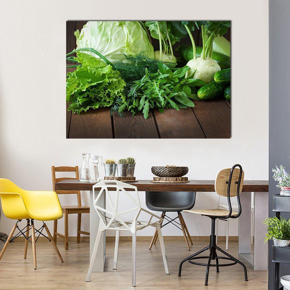 Fresh Green Vegetables Still Life Canvas Wall Art in brown and green, single panel hung on a wall