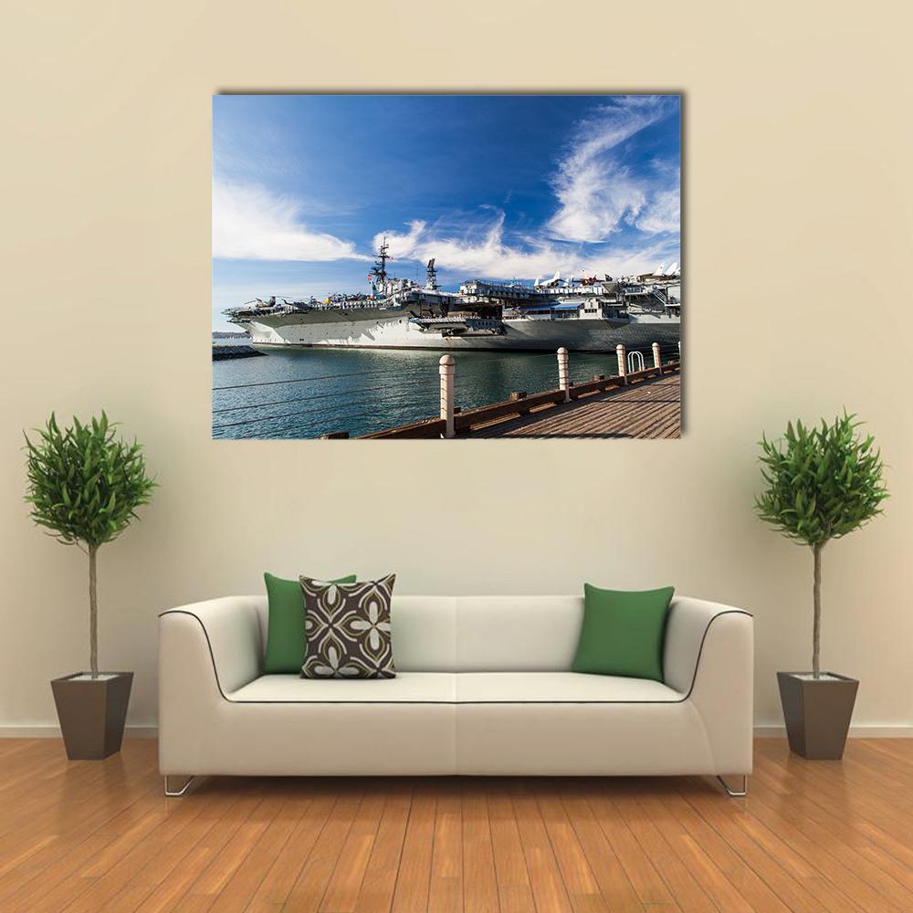 Uss Midway Aircraft Carrier Canvas Wall Art in white, gray and blue, single panel hung on a wall