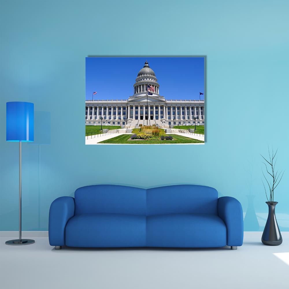 Utah Capitol Building with Flags Canvas Wall Art in white, gray and blue, single panel hung on a wall