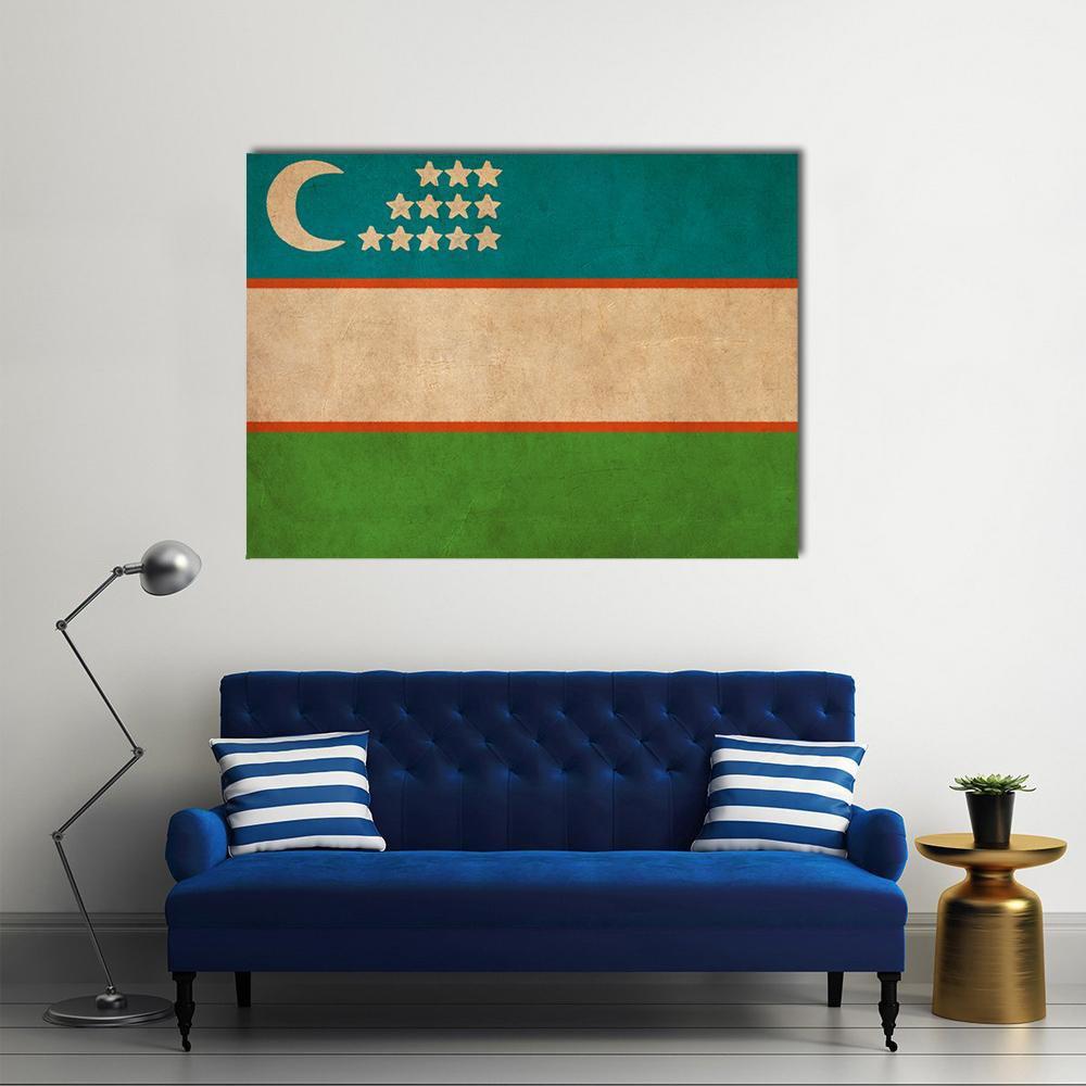 Uzbekistan Flag with Crescent and 12 Stars Canvas Wall Art in beige, green and blue, single panel hung on a wall