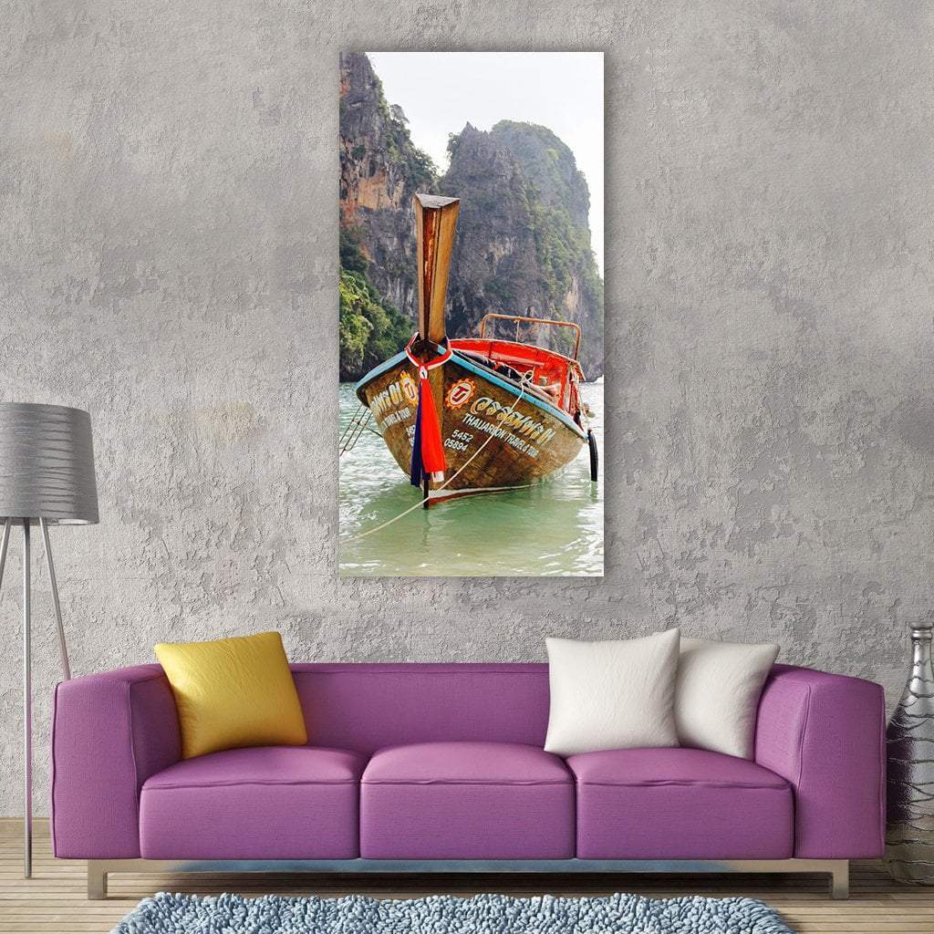 Vacations Boat In Sea Rock Thailand Vertical Canvas Wall Art-1 Vertical-Gallery Wrap-12" x 24"-Tiaracle