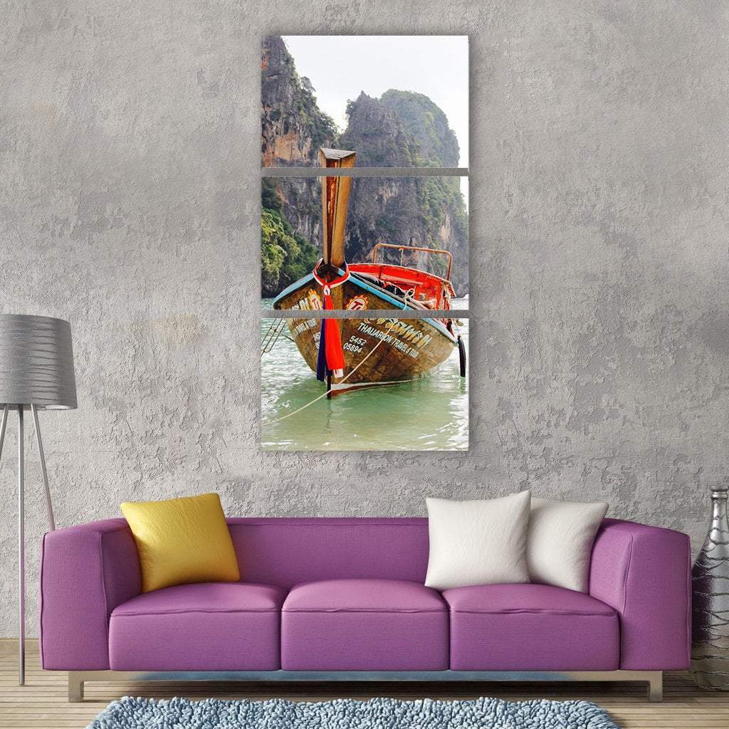 Vacations Boat In Sea Rock Thailand Vertical Canvas Wall Art-1 Vertical-Gallery Wrap-12" x 24"-Tiaracle