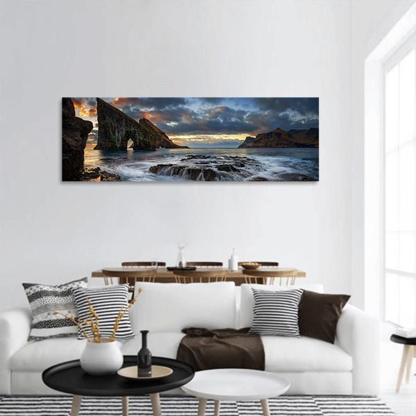 Drangarnir Rocky Arch Panoramic Canvas Wall Art-1 Piece-36" x 12"-Tiaracle