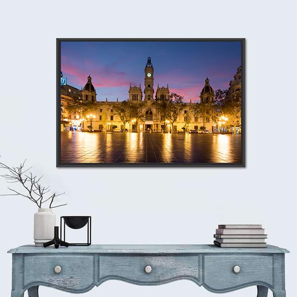 Valencia City Hall at Twilight Canvas Wall Art in yellow, blue and purple, framed canvas, product view on a white background