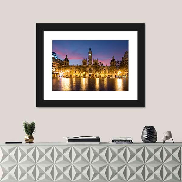 Valencia City Hall In Spain Canvas Wall Art-1 Piece-Framed Print-20" x 16"-Tiaracle