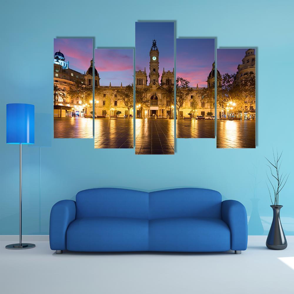 Valencia City Hall In Spain Canvas Wall Art-5 Pop-Gallery Wrap-47" x 32"-Tiaracle